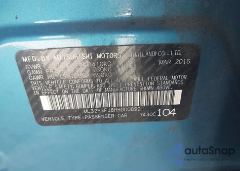 2017 Mitsubishi Mirage G4 Es z USA, uszkodzony, nr VIN ML32F3FJ8HH000899